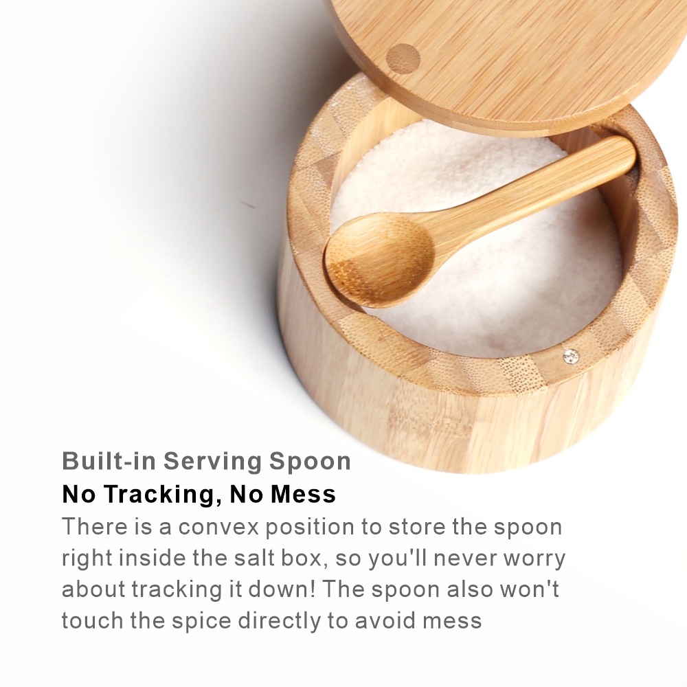 Elegant Avoid Dust Built-in Spoon Kitchen Pepper Spice Seasoning Cellars Storage Container Bamboo Salt Box