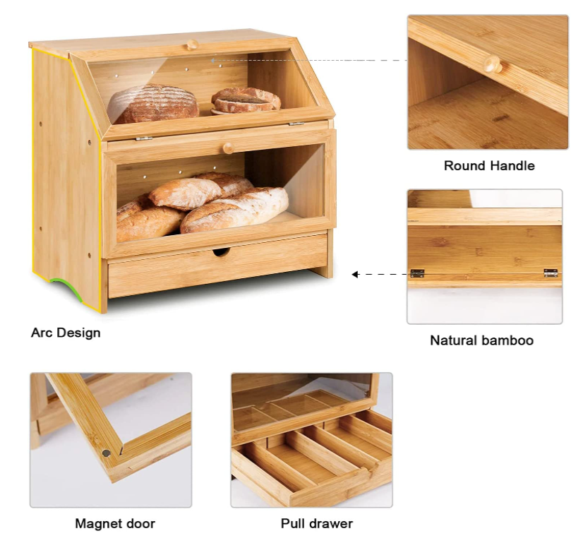 Modern Design Bamboo Bread Box Rectangle Counter Top Kitchen Storage Box 3-6L Capacity Portable Multifunction