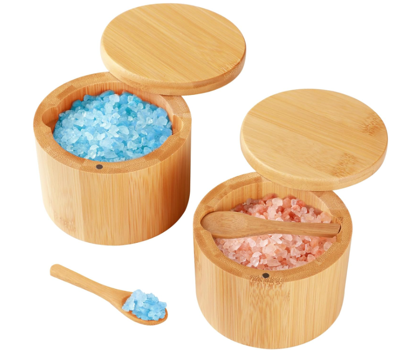 Unique Design 2 PCS Bamboo Eco-Friendly Modern Salt Cellar with Built-in Spoon Magnetic Swivel Lid for Countertop Spice Storage