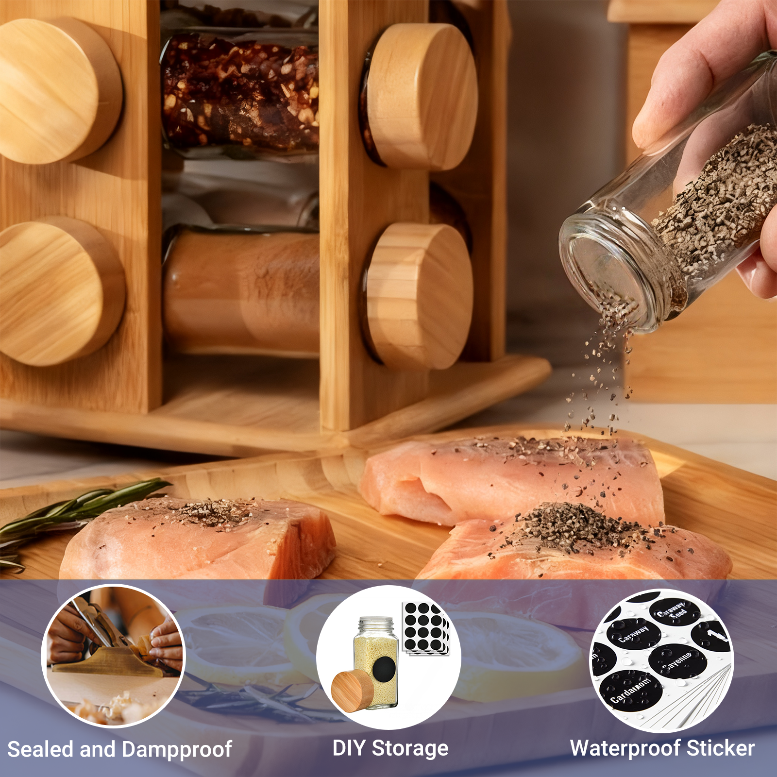 Modern Standing Type Bamboo Rotating Spice Rack Organizer Wooden Revolving Dinnerware Cleaning Tool Storage Easy Installation