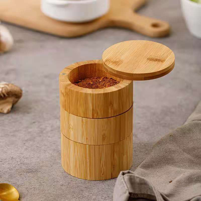 Bamboo Modern Salt Cellar Wood Storage Box Magnetic Swivel Lid Food Spices Freshness Preserved Modern Home
