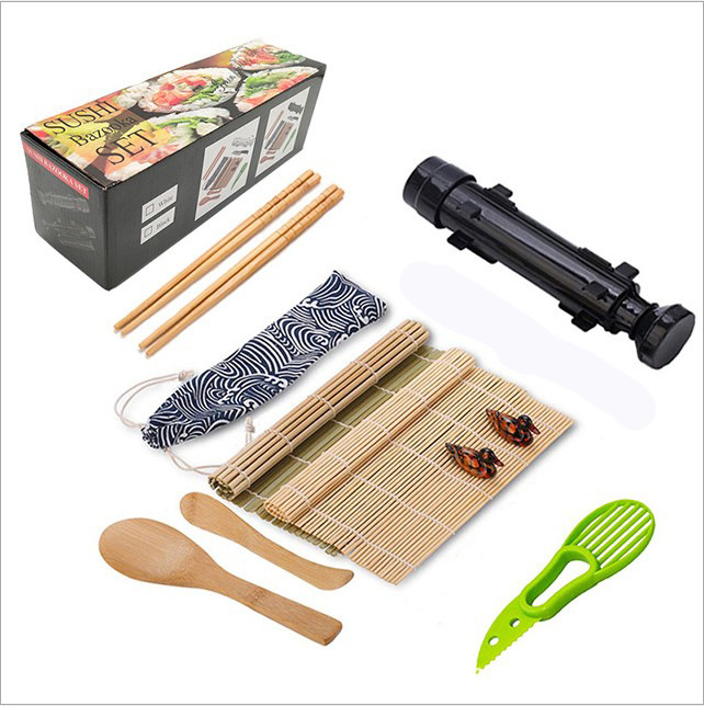 Bamboo Sushi Roller Mat Sushi Rolling Kit Set Sushi Bazooka Sushi Knife Rice Spreader &amp; Paddle Bamboo Chopsticks &amp; Holder