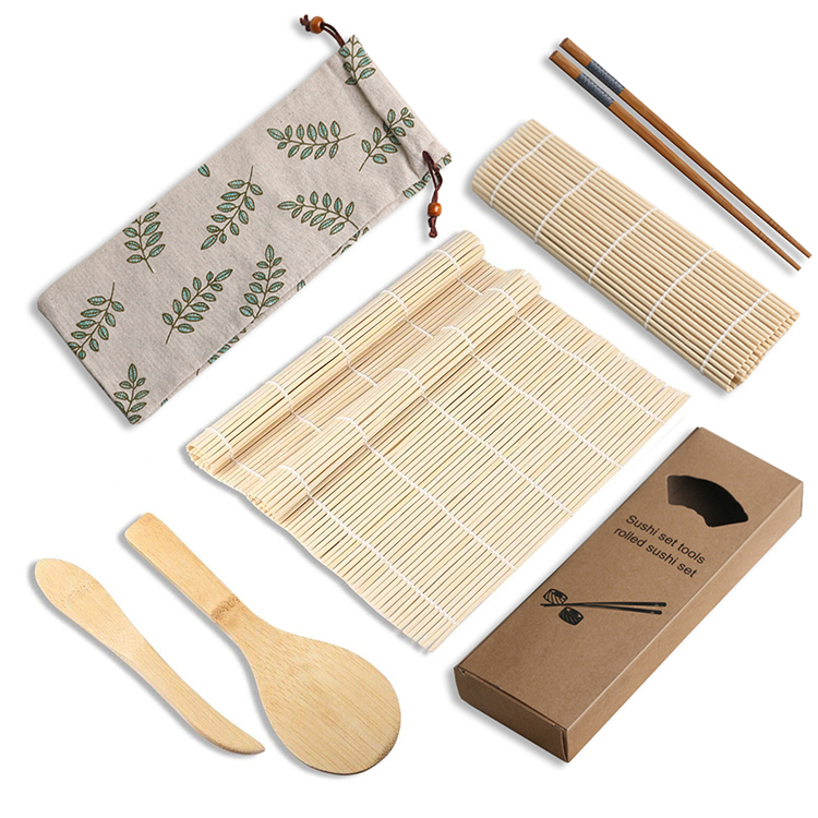 Home Kitchen 5 in 1 Bamboo Sushi Mats Rice Paddle Spreader Chopsticks Sushi Making Kit with Cloth Bag