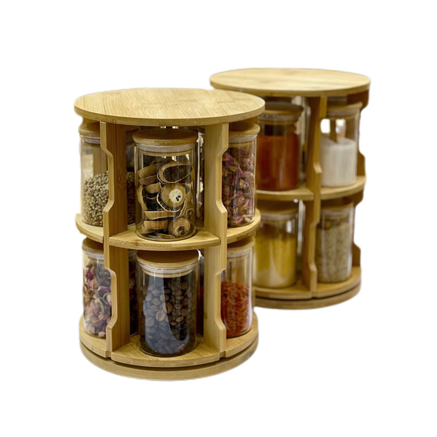 Chenzhu Bamboo Spice Rack Easy Assembly Home Kitchen Spices Spinning Rotating Shelf Bottle Holder Kitchen Accessories