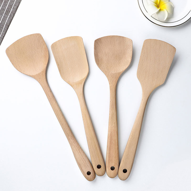 Eco friendly Handmade Flat Long Handle Kitchen Tool Bamboo Slotted Spoon Scraper Cooking Spatula Wok Shovels Turners