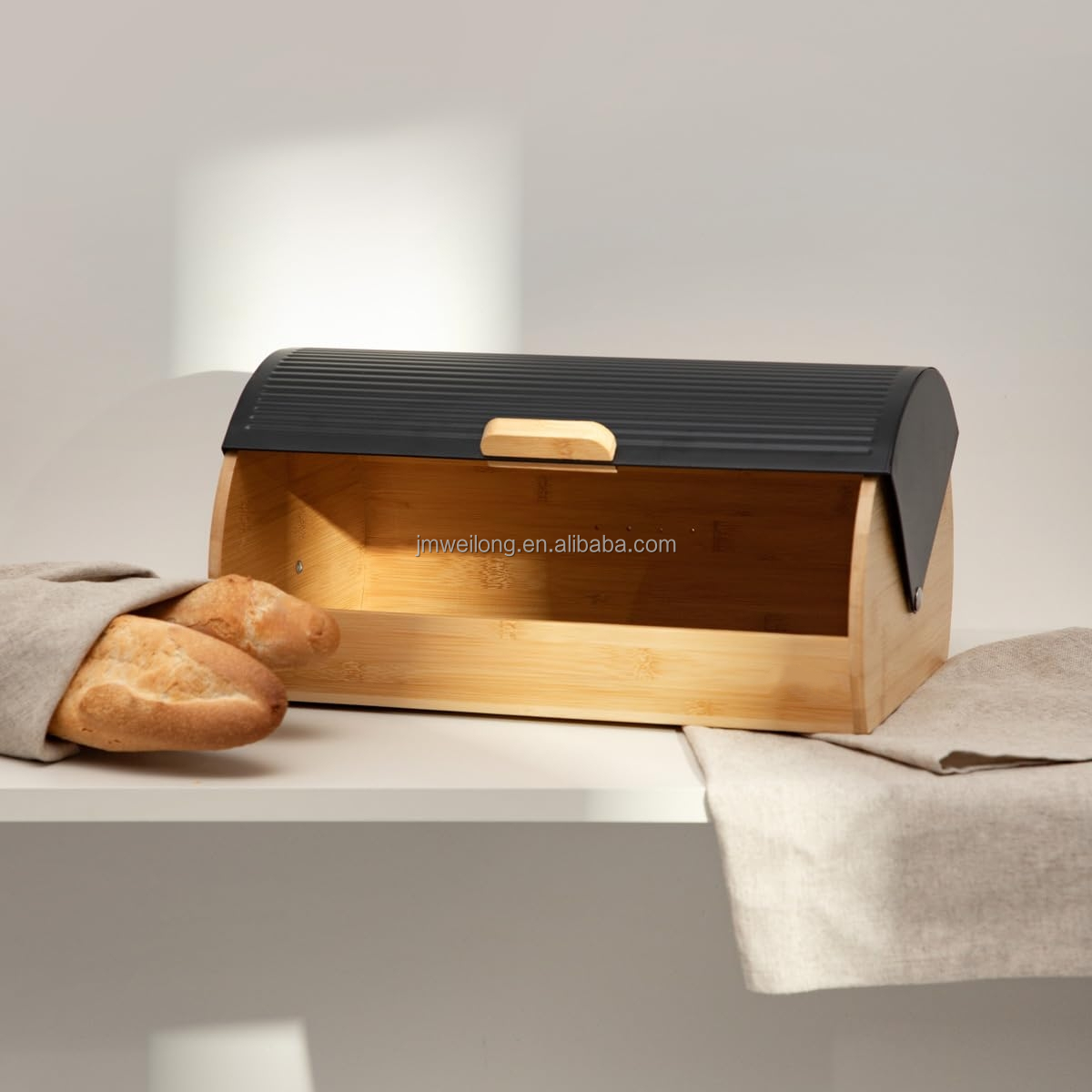 Kitchen Bamboo Bread Box With Metal Lid Storage Vintage Style Bread Bin Large Size Embossed Logo