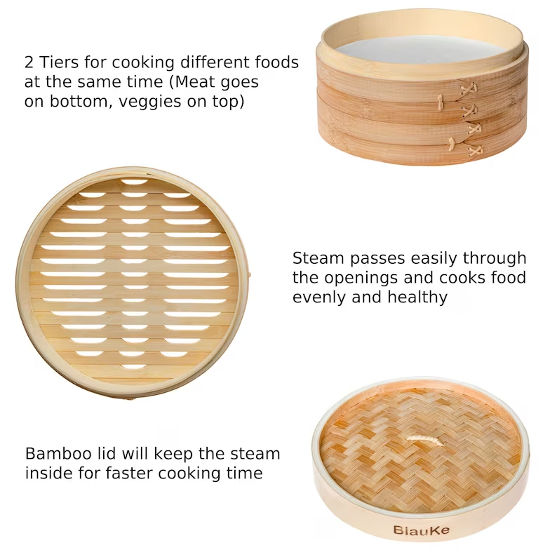 Best Selling Eco-Friendly 2-Tier Natural Bamboo Steamer Set with Customized Size Custom Logo for Vegetable Fish &amp; Meat Cooking