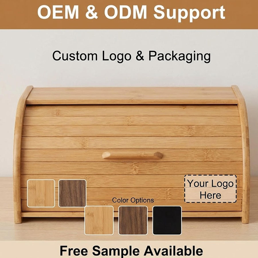 Wholesale Large Roll Top Bamboo Bread Box Kitchen Countertop Food Storage Bin Natural Wood Bread Keeper Factory Custom Logo