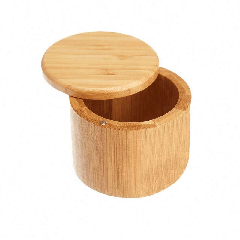 Kitchen Salt and Pepper Shaker, Small Round Bamboo Salt Cella Storage Box with Magnetic Swivel