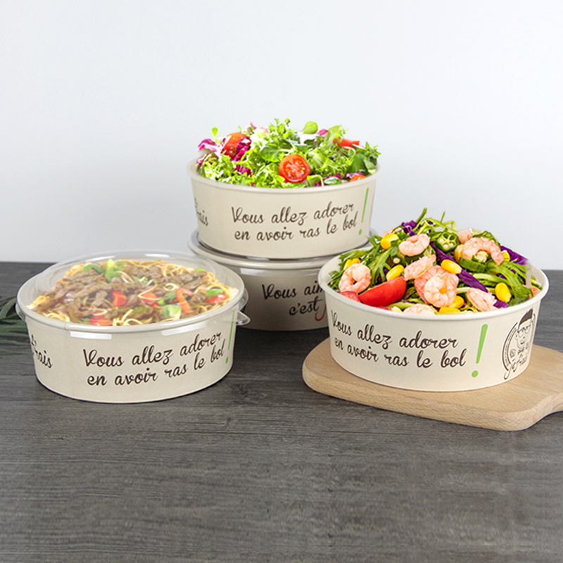100% Eco Friendly Biodegradable Food Grade Custom Printing Natural Bamboo Pulp Paper Salad Bowl for Food Packaging with Lids