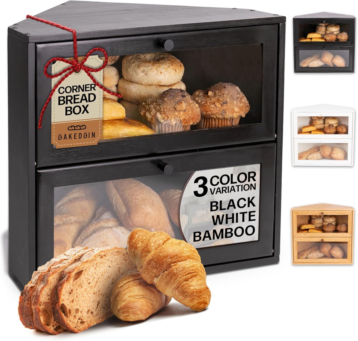 Corner Bread Box for Kitchen Countertop Vintage Bamboo Wooden BreadBox, Storage for Homemade Bread, Sourdough, Panera