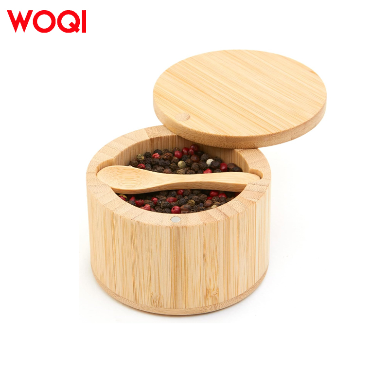 WOQI Custom Easy Maintenance Bamboo Salt shaker and Pepper Bowl Box Cellar With Magnetic Swivel Lid and Spoon