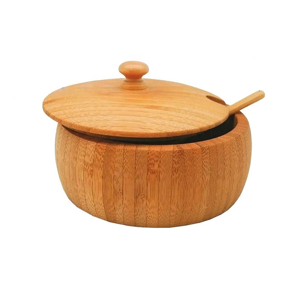 Large Seasoning Container Spice Pot Pepper Sugar Bowl Salt Cellar Bamboo Spice Jars with Spoon