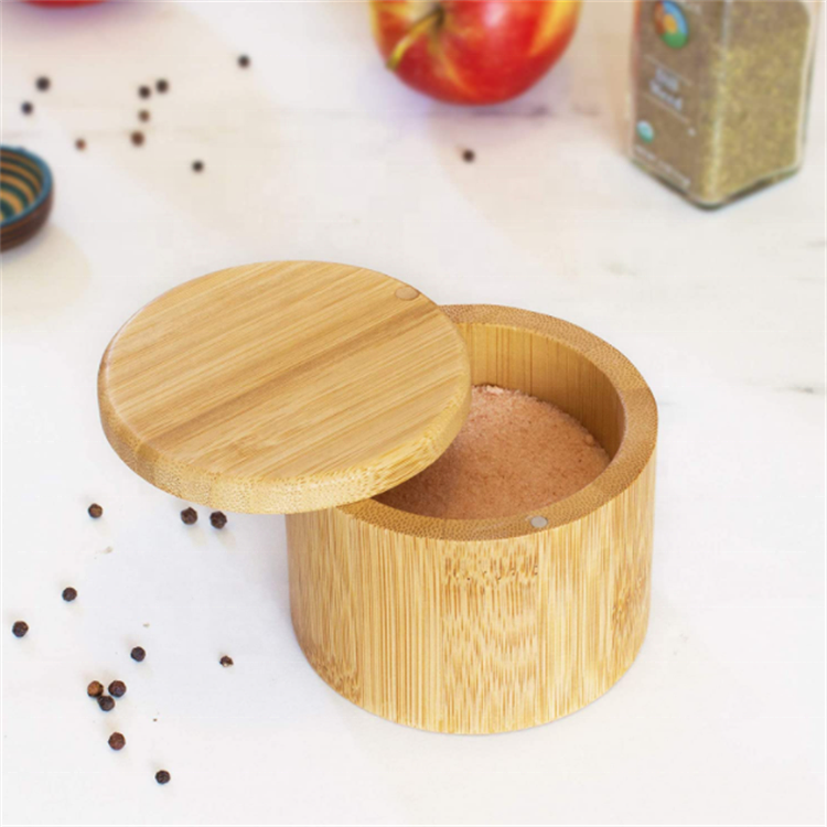 Hot Sell Wooden Round Box Bamboo Salt Cellar Bamboo Storage Box With Magnetic Swivel Lid Bamboo Wood Slat Box 6 Ounce Capacity