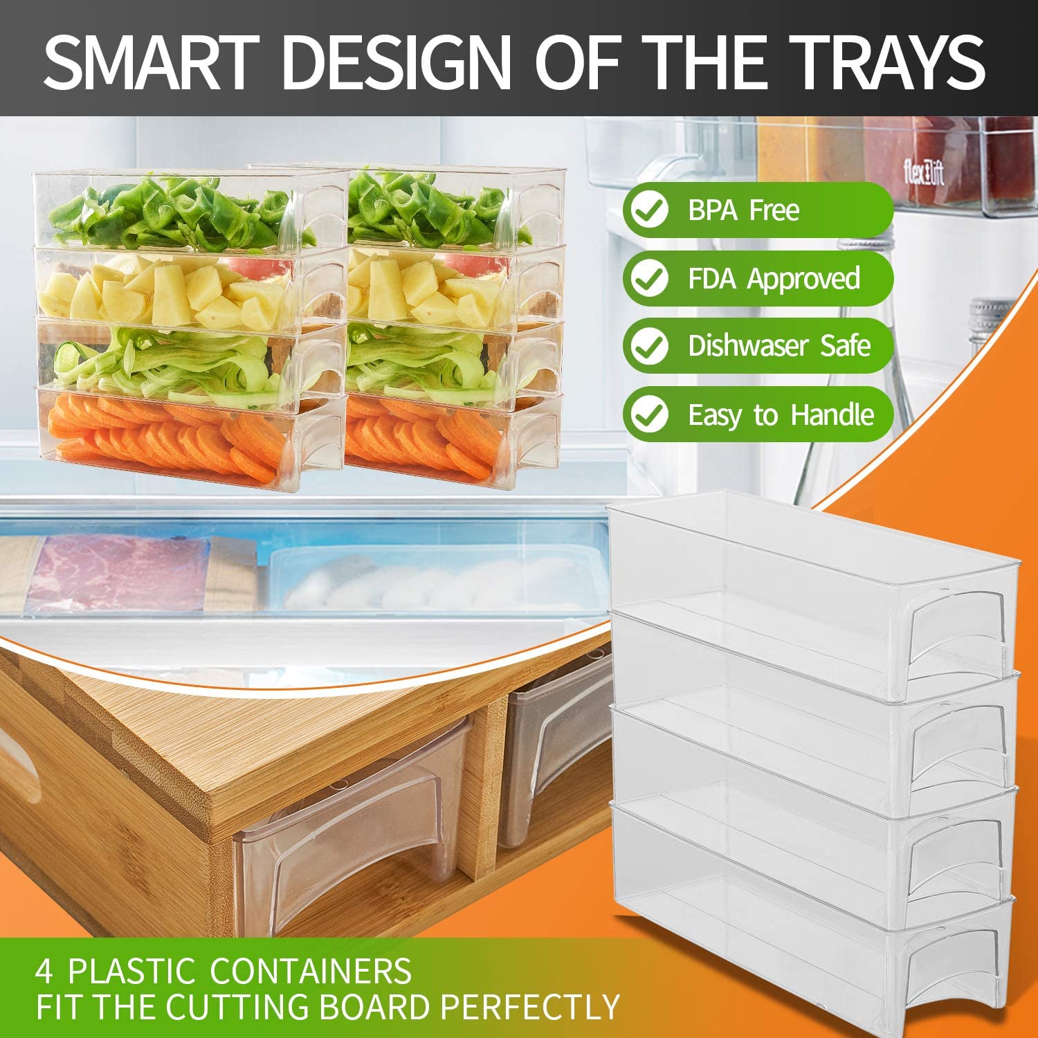 Bamboo Chopping Board with 4 Containers Large Cutting Board with Juice Grooves Kitchen Drawer Cutting Boards