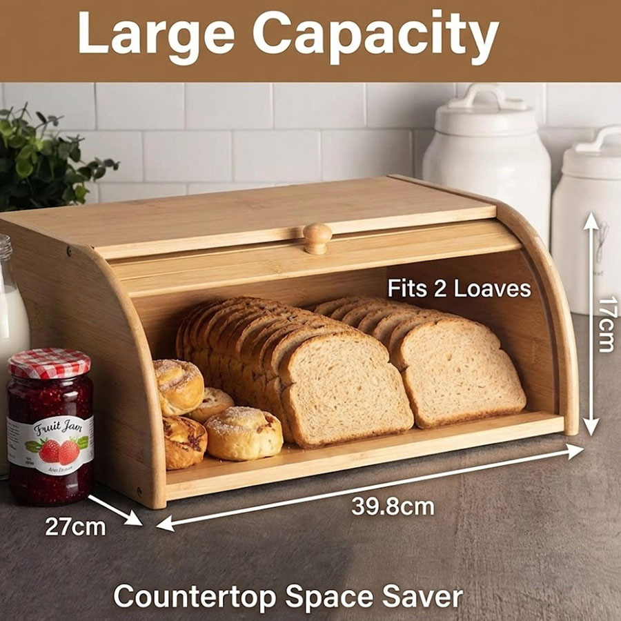 Wholesale Large Roll Top Bamboo Bread Box Kitchen Countertop Food Storage Bin Natural Wood Bread Keeper Factory Custom Logo