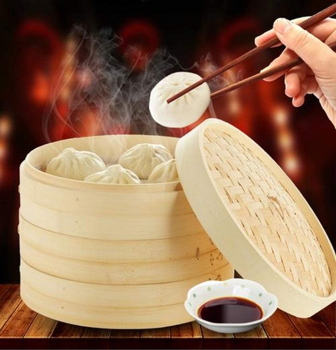 Chinese Bamboo Steamer Steaming Basket for Vegetable Seafood Dim Sum Dumpling Bun Egg , 12-inch