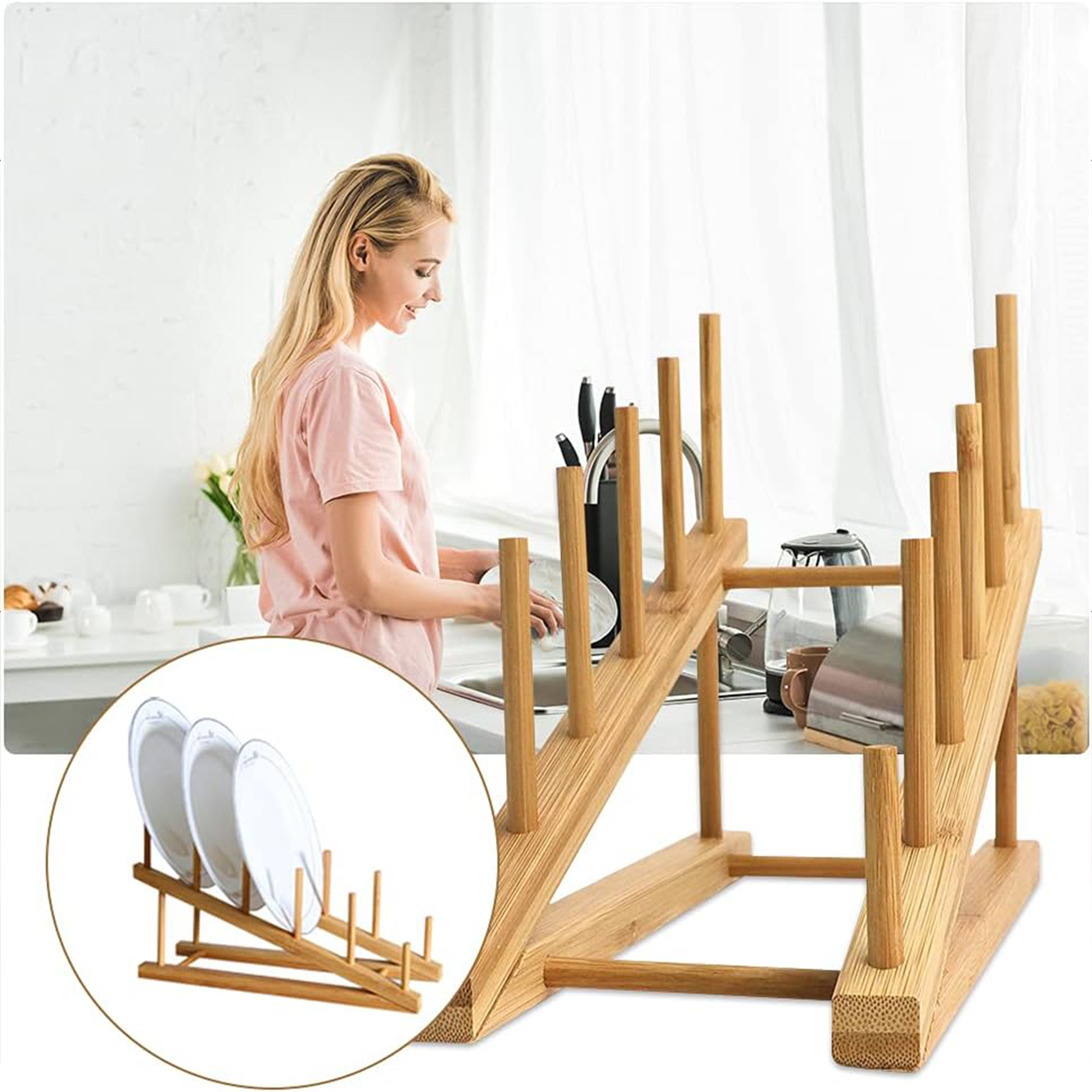 Multifunctional Bamboo Wood Dish Drying Rack Stand Pot Lid Holder Kitchen Cabinet Organizer for Dish Plate