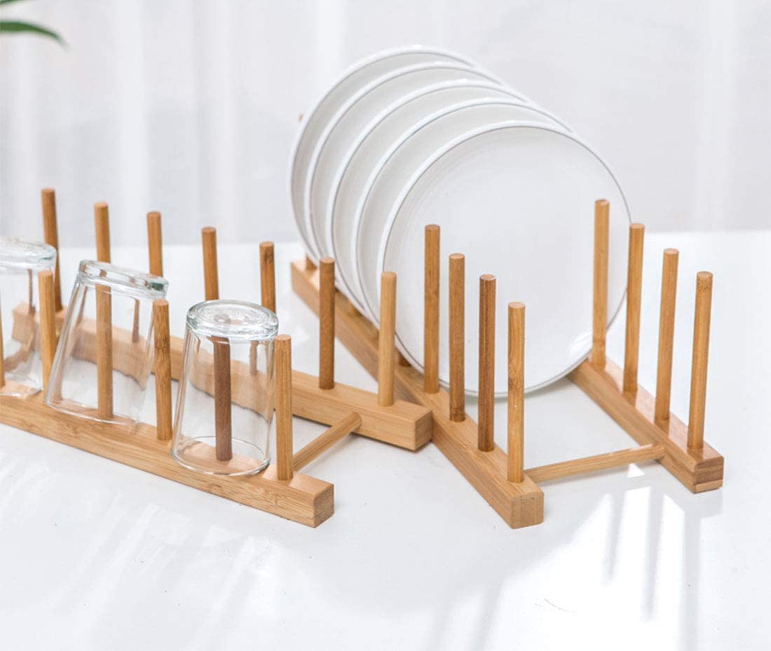 Custom Bamboo Dish Rack 3 Slots Wooden Plate Stand for Dish Bowl Cup &amp; Cutting Board Kitchen Organizer Shelf