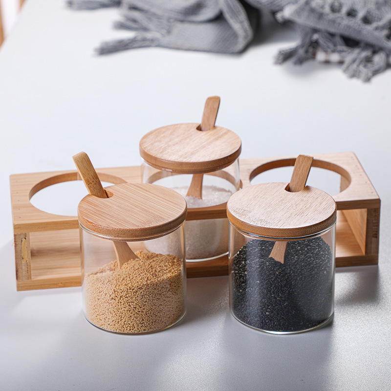Japanese-Style Transparent Glass Bamboo Wooden Lid Seasoning Jar Dustproof Kitchen Sugar Salt Box for Food Storage Container