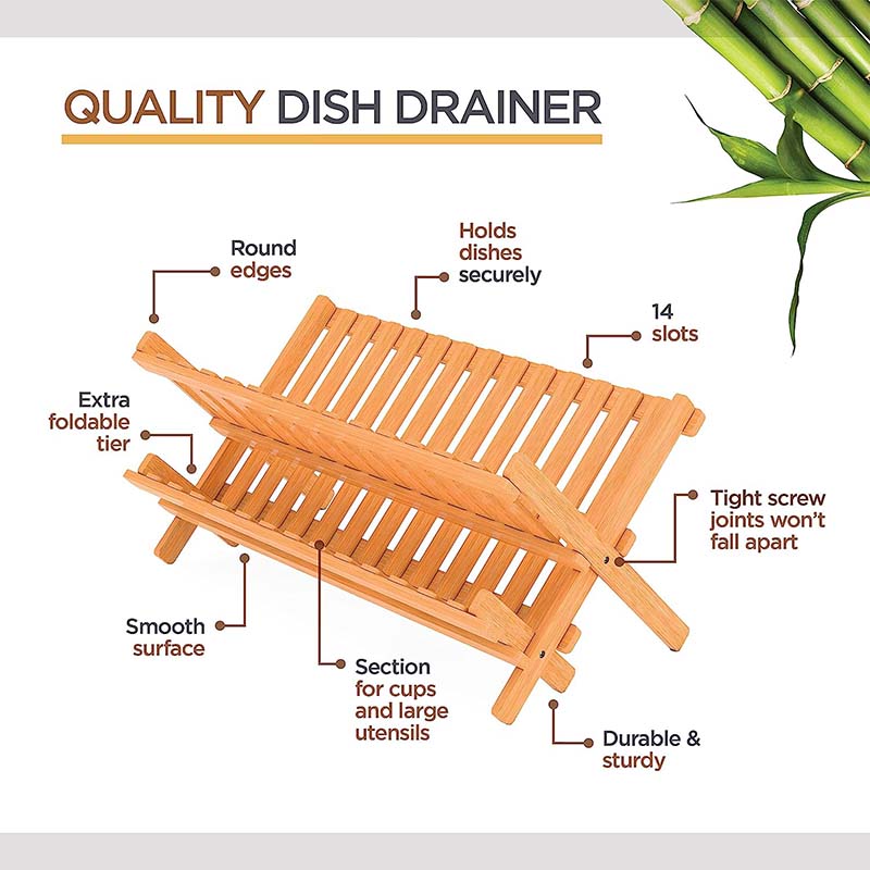 Foldable 2-layer Bamboo Dish Drying Rack, Kitchen Dish Storage Rack Suitable for Kitchen Tabletop to Save Space