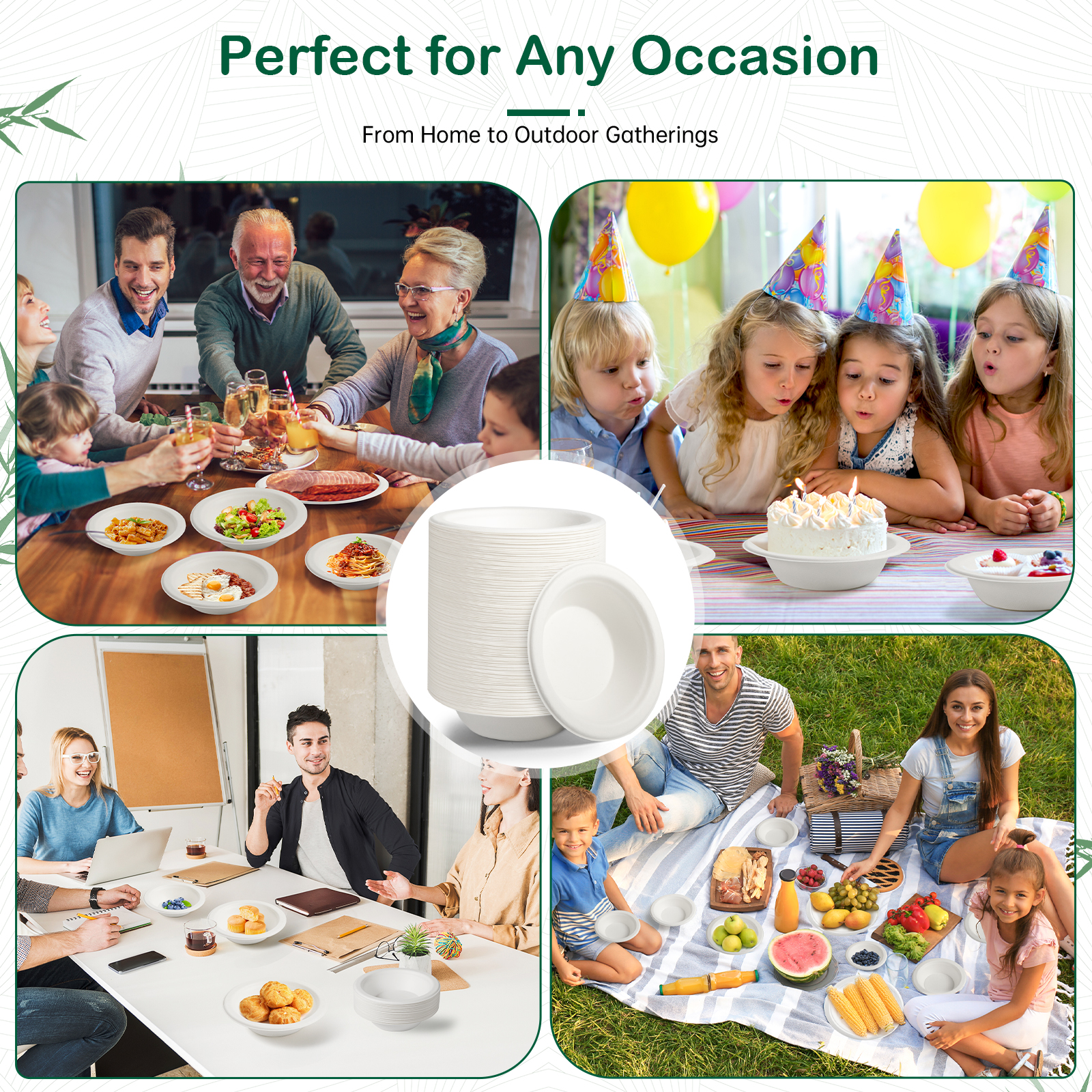 Oasis Eco-Friendly Disposable Bamboo Bowls Plates 80-100 Pcs 100% Biodegradable Durable for Camping Party Use Salad Dessert Hot
