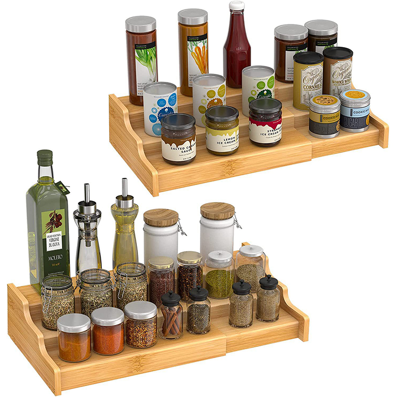 Custom Bamboo Spice Drawer Racks Expandable Organizer for Kitchen Cabinet