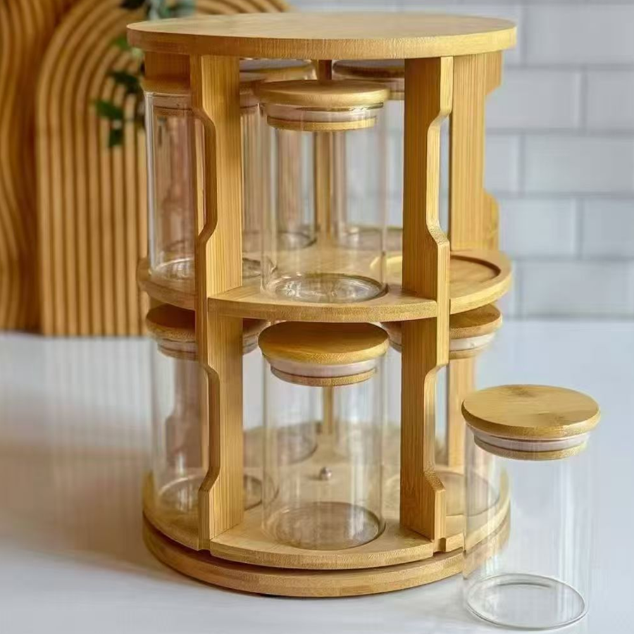 OEM Bamboo Rotating Spice Rack with 10 Glass Jars 2 Tier 360 Revolving Kitchen Countertop Seasoning Organizer