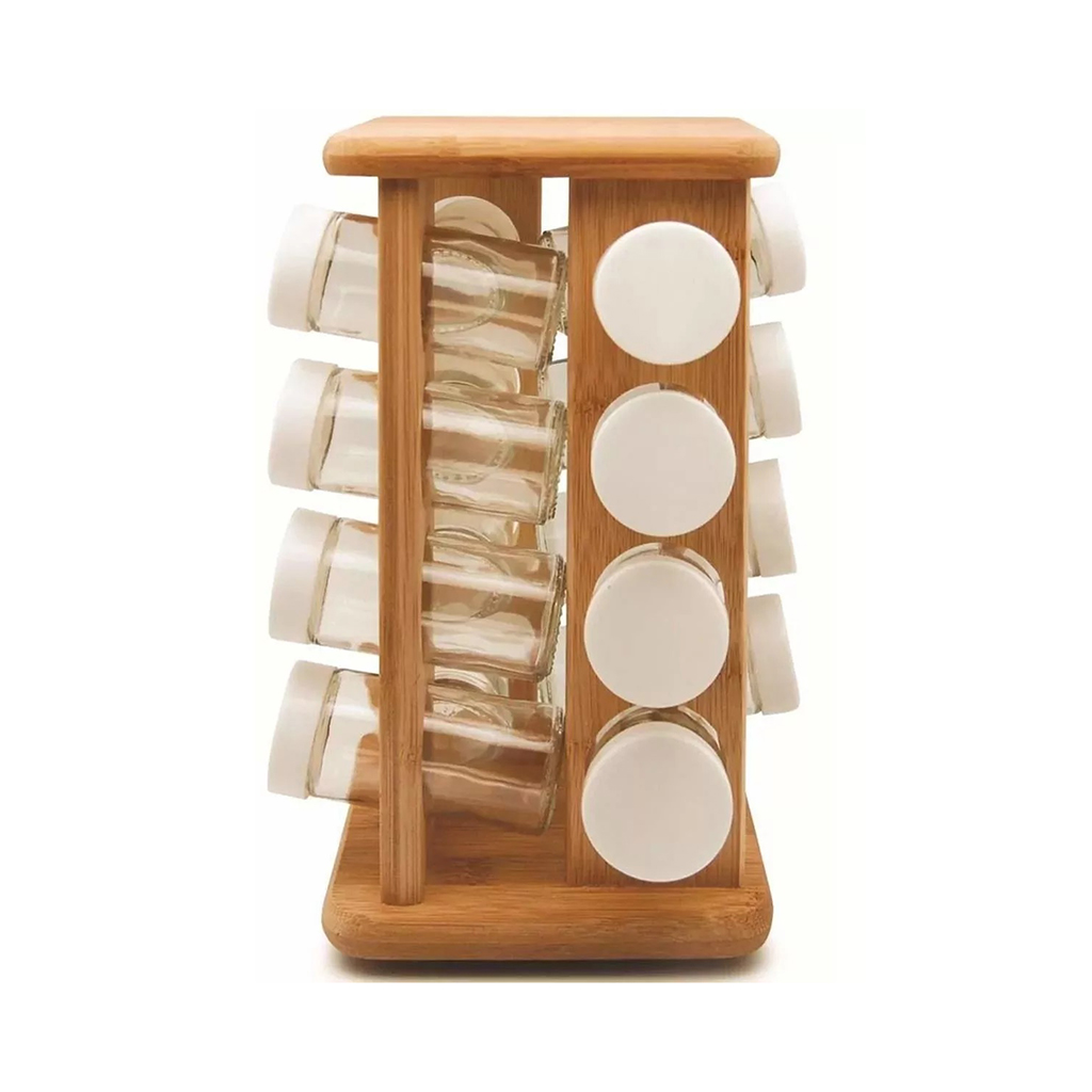 Countertop Square Seasoning Tower Organizer Bamboo Wooden Revolving Spice Rack Sets with 16 Jars