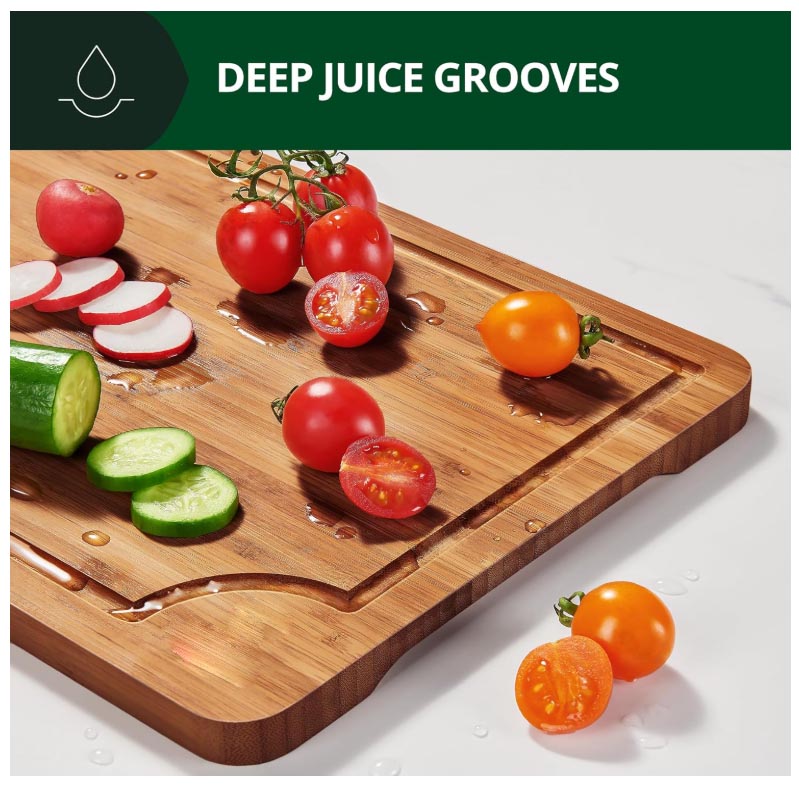 FSC Certified Set of 3 Bamboo Wood Cutting Boards with Deep Juice Groove Kitchen Serving Chopping Board Set with Side Handles