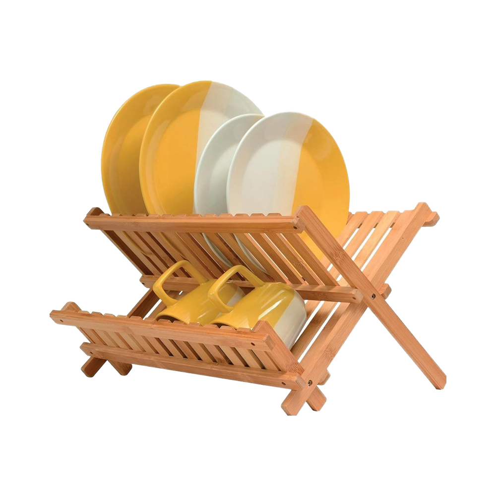 2-Tier Collapsible Bamboo Dish Drying Rack Foldable Space-Saving Kitchen Counter Wooden Drainer for Dishes Storage Holders Racks