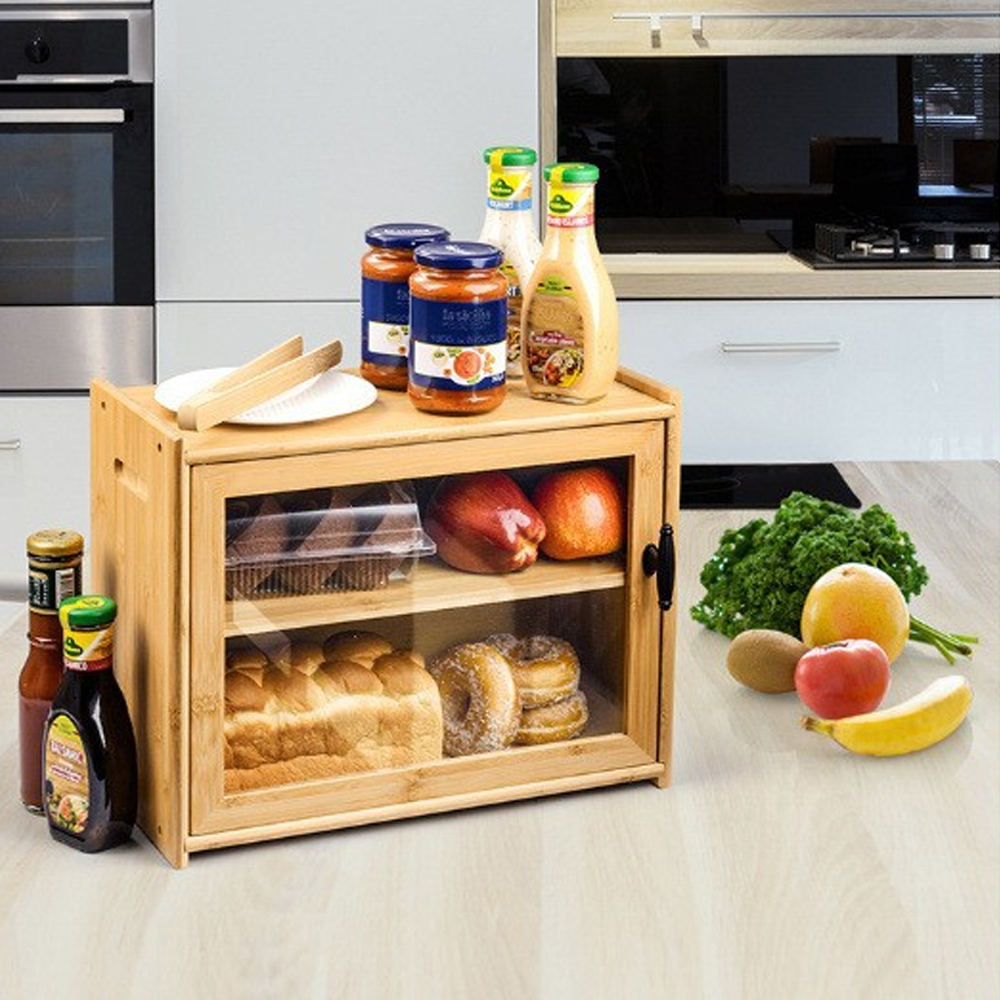 High Quality Bamboo Kitchen Storage Bread Box Double-layer Wooden Bread Box