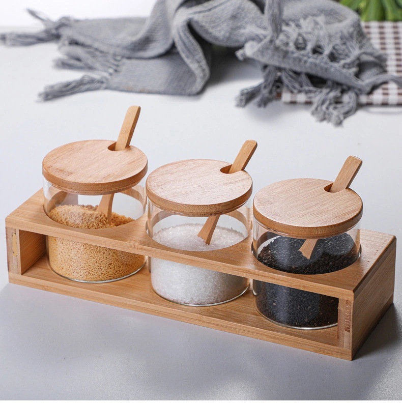 Japanese-Style Transparent Glass Bamboo Wooden Lid Seasoning Jar Dustproof Kitchen Sugar Salt Box for Food Storage Container
