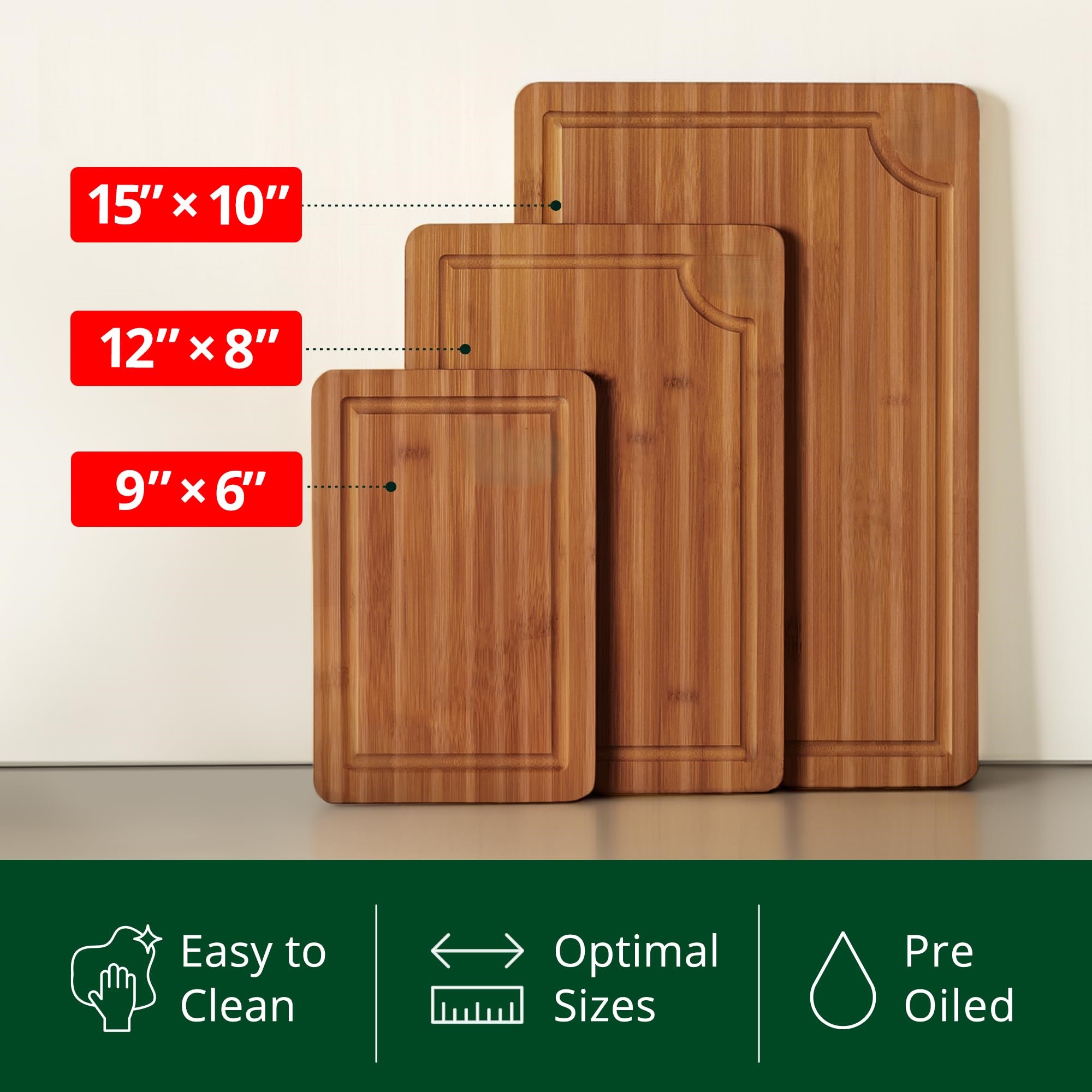 Deep Carbonized Bamboo Wood Cutting Boards Durable 3-Piece Set Juice Grooves Large Handle Easy Use Pizza Meat Chopping Kitchen