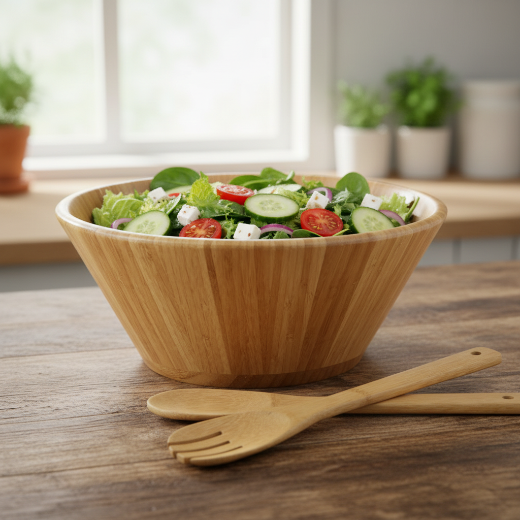 2026 Bamboo Wood Salad Bowl Set with Utensils, 12 Inch Bamboo Salad Fruit Serving Bowl
