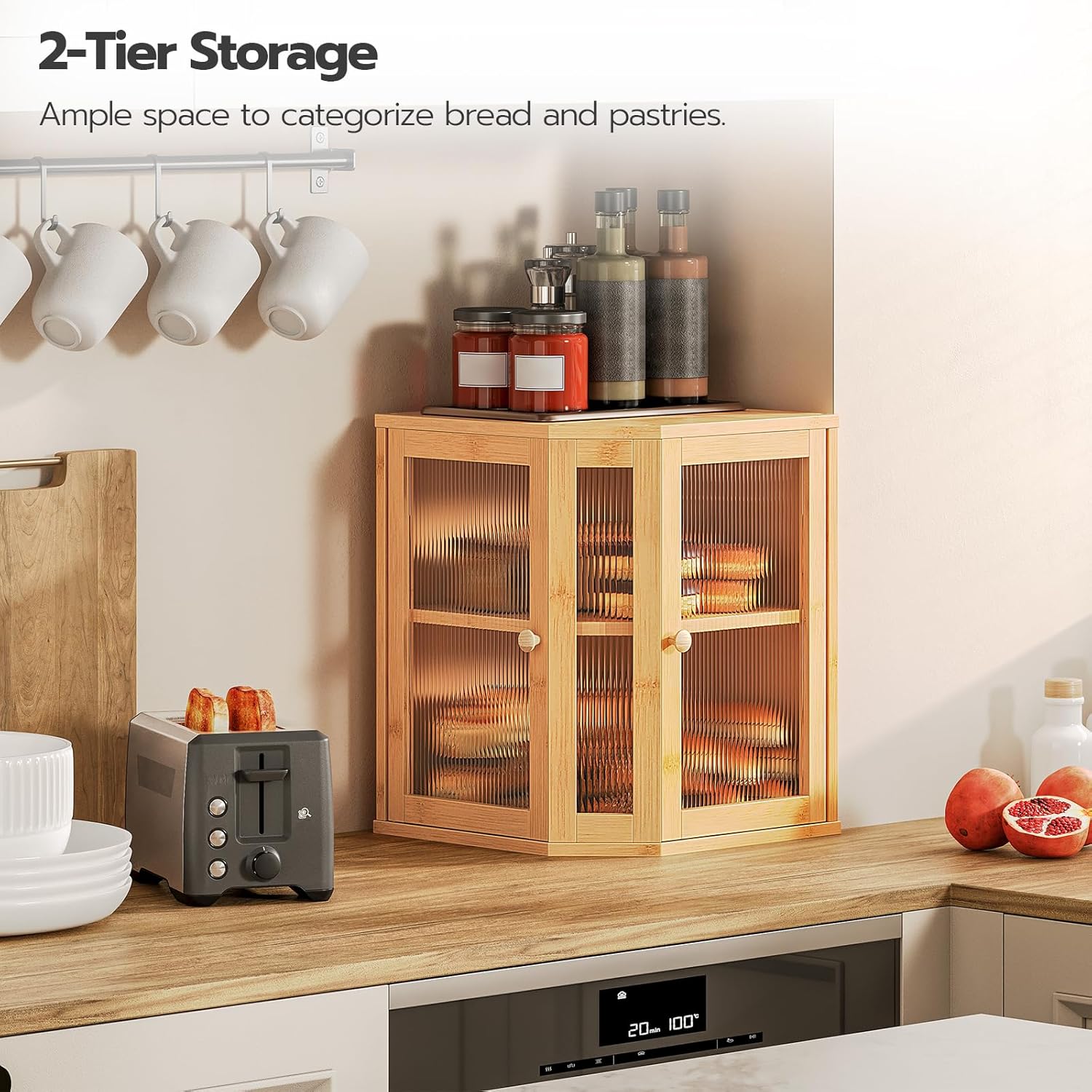 Bamboo and Wood Bread Box Kitchen Countertop Corner Food Sorting Storage Box Corrugated Transparent Door