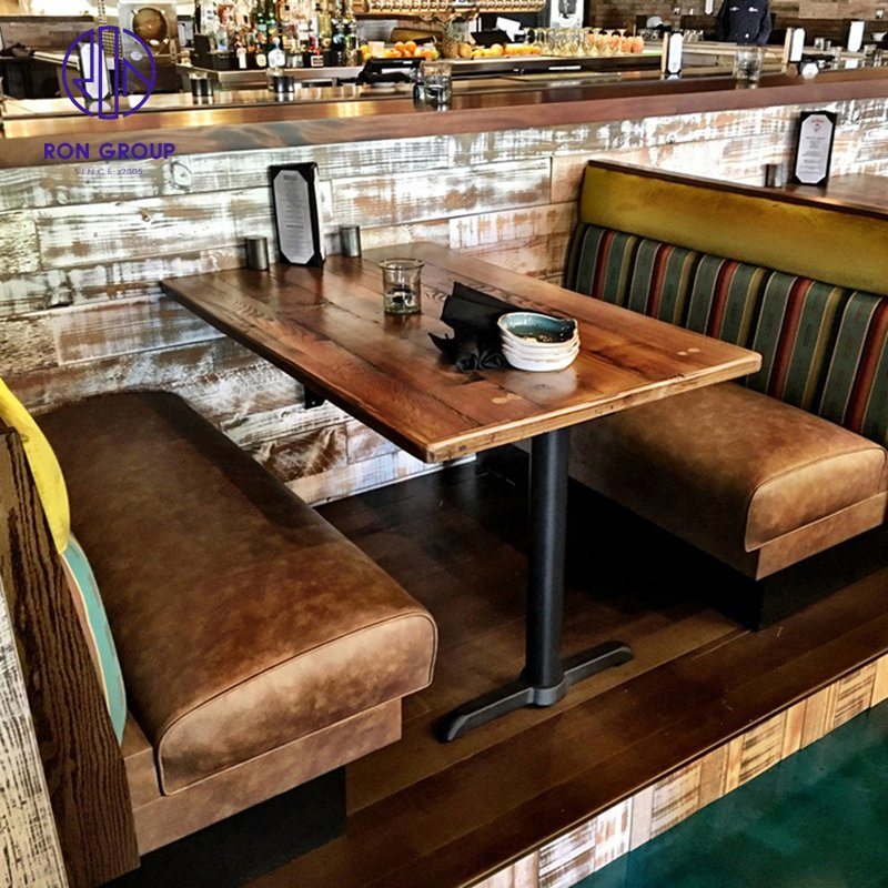Antique Durable Cafe Coffee Shop Restaurant Booth Seating Sofa Solid Wood Split Joint Top Table Furniture for Hotel Restaurant