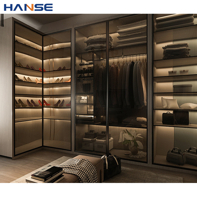 Modern Luxury Aluminum Glass Wardrobes Bedroom Furniture Modular Wooden Custom Design Walk in Closet Wardrobes