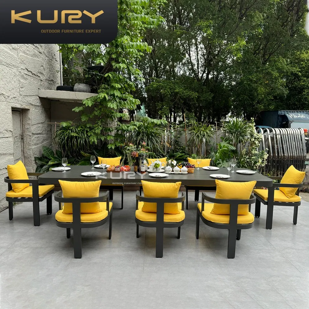 Garden Outdoor Restaurant Black Aluminum Alloy Square Dining Table Set Furniture with 8 Chairs