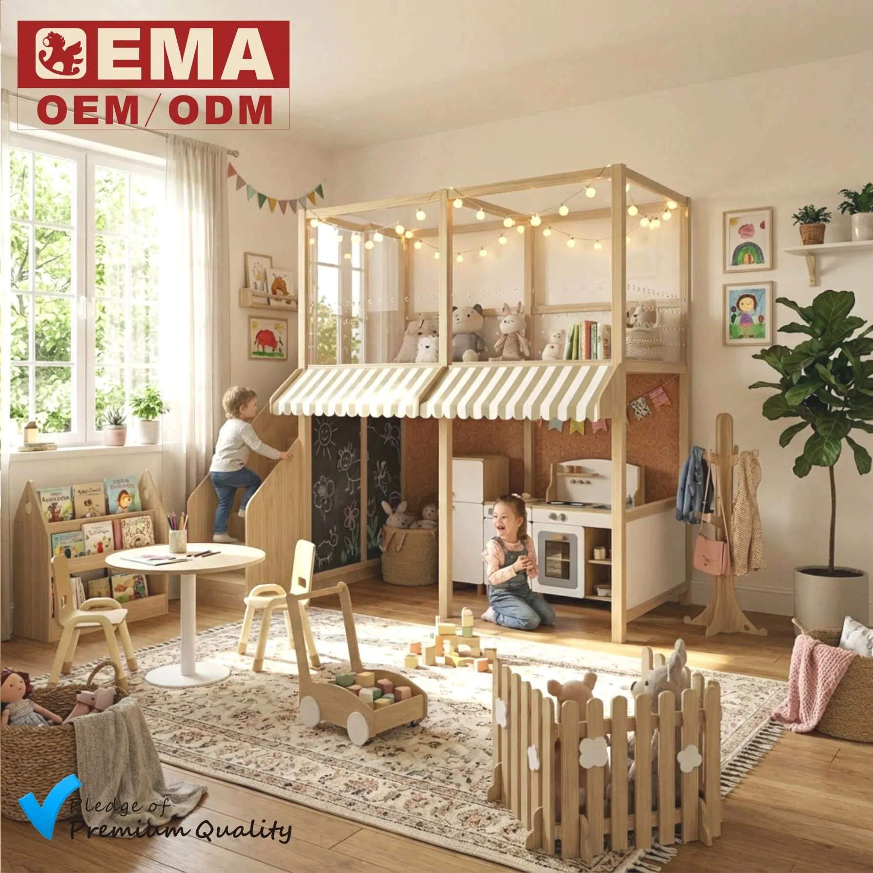 EMA Wooden Montessori Kids Play Loft Furniture for Daycare with Safety Guardrails