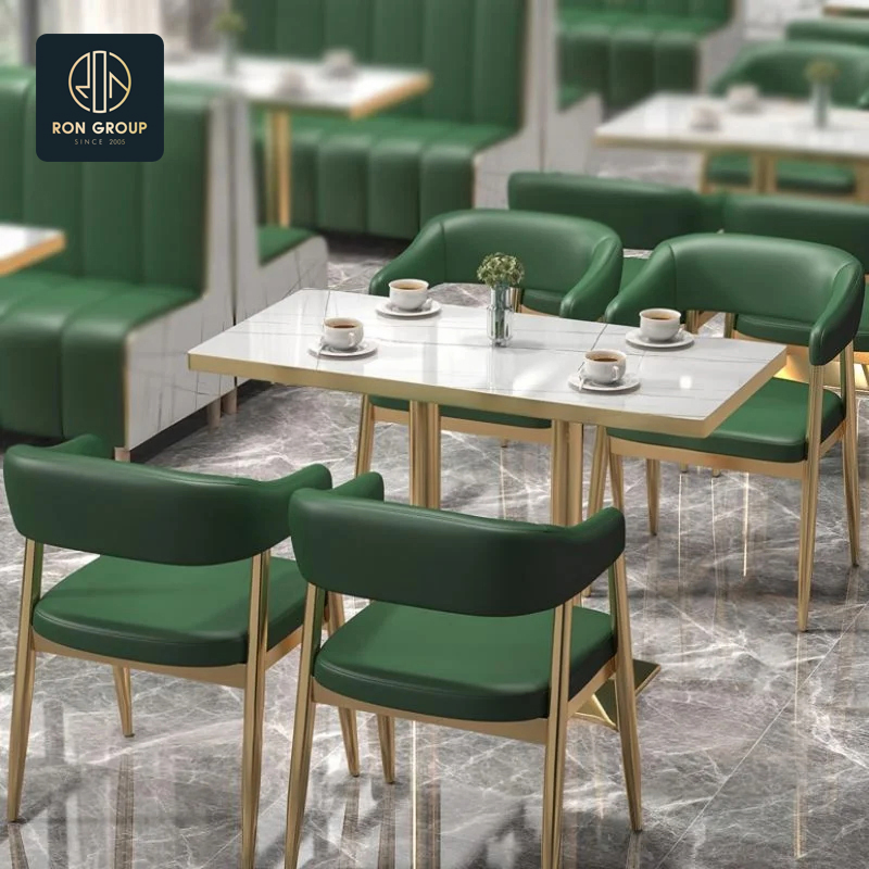 High-End Commercial Light Green Cafe Booth Bench Seating Hotel Coffee Shop Square Marble Metal Table and Chair Set Modern Restaurant Furniture for Restaurant