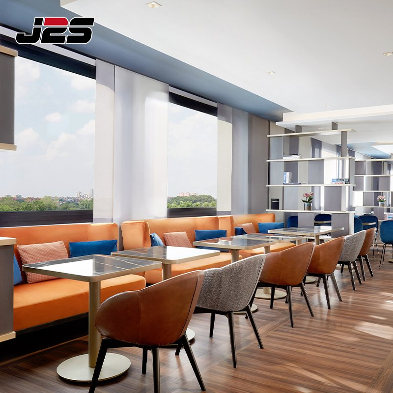 Commercial Restaurant Hotel Furniture Curved Patterned Fabric Armchair Blue Custom Table Set Hotel Lounge Area