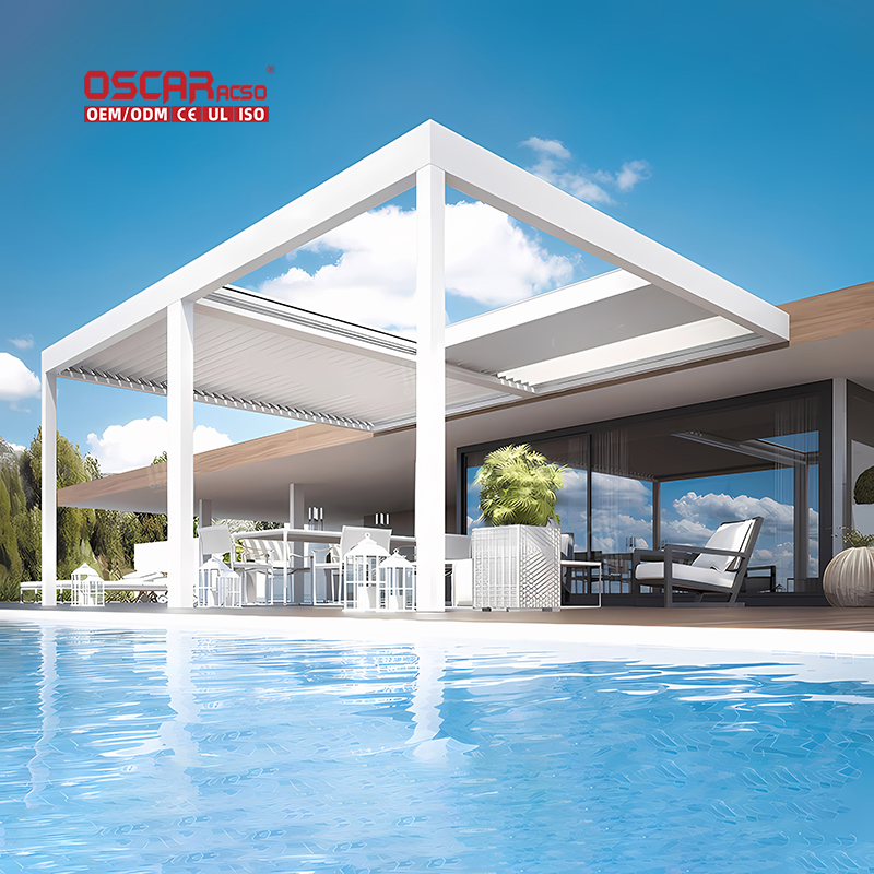 Outdoor Bioclimatic Garden Furniture Aluminium Gazebo Motorized Retractable Roof Pavilion Louvered Pergola