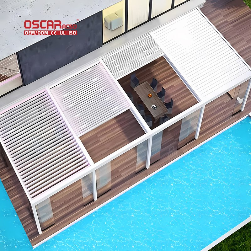 Outdoor Bioclimatic Garden Furniture Aluminium Gazebo Motorized Retractable Roof Pavilion Louvered Pergola