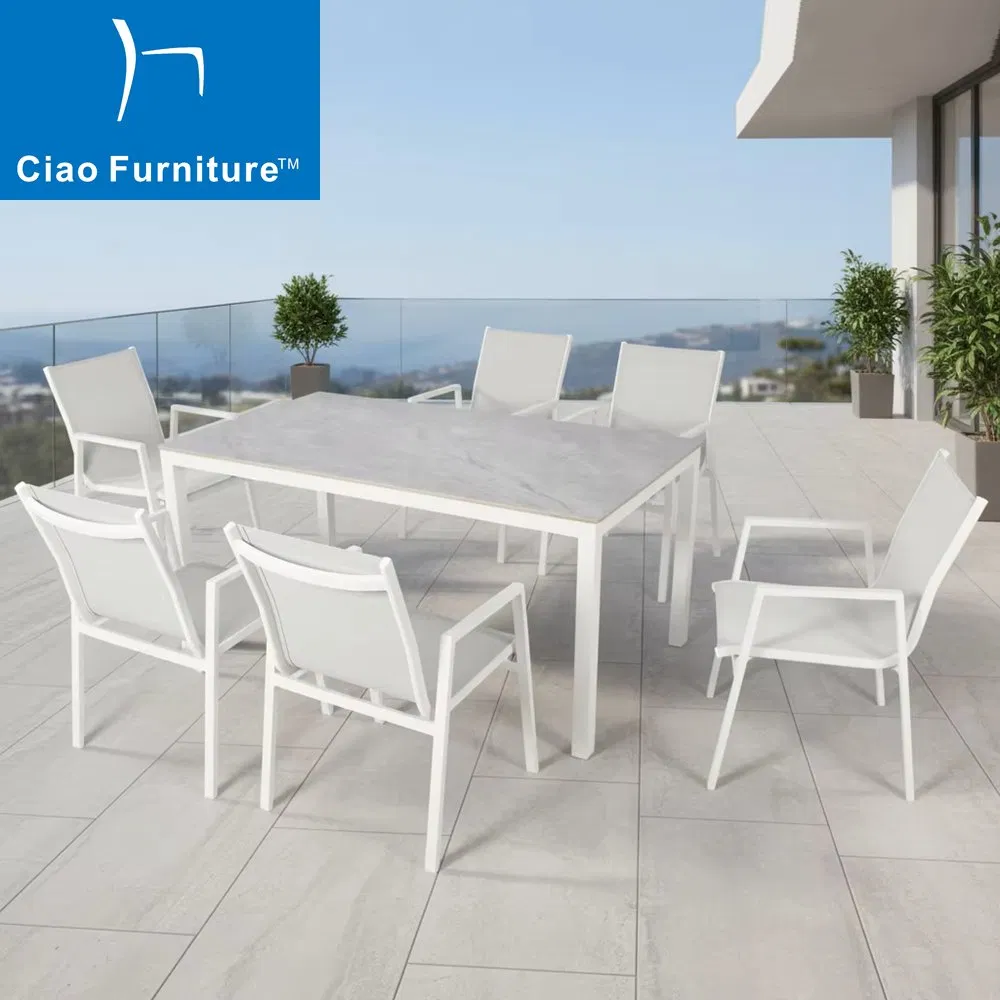 Commercial 6 Seater White Garden Terrace Aluminum Dining Table Mesh Fabric Dining Chair Furniture Set