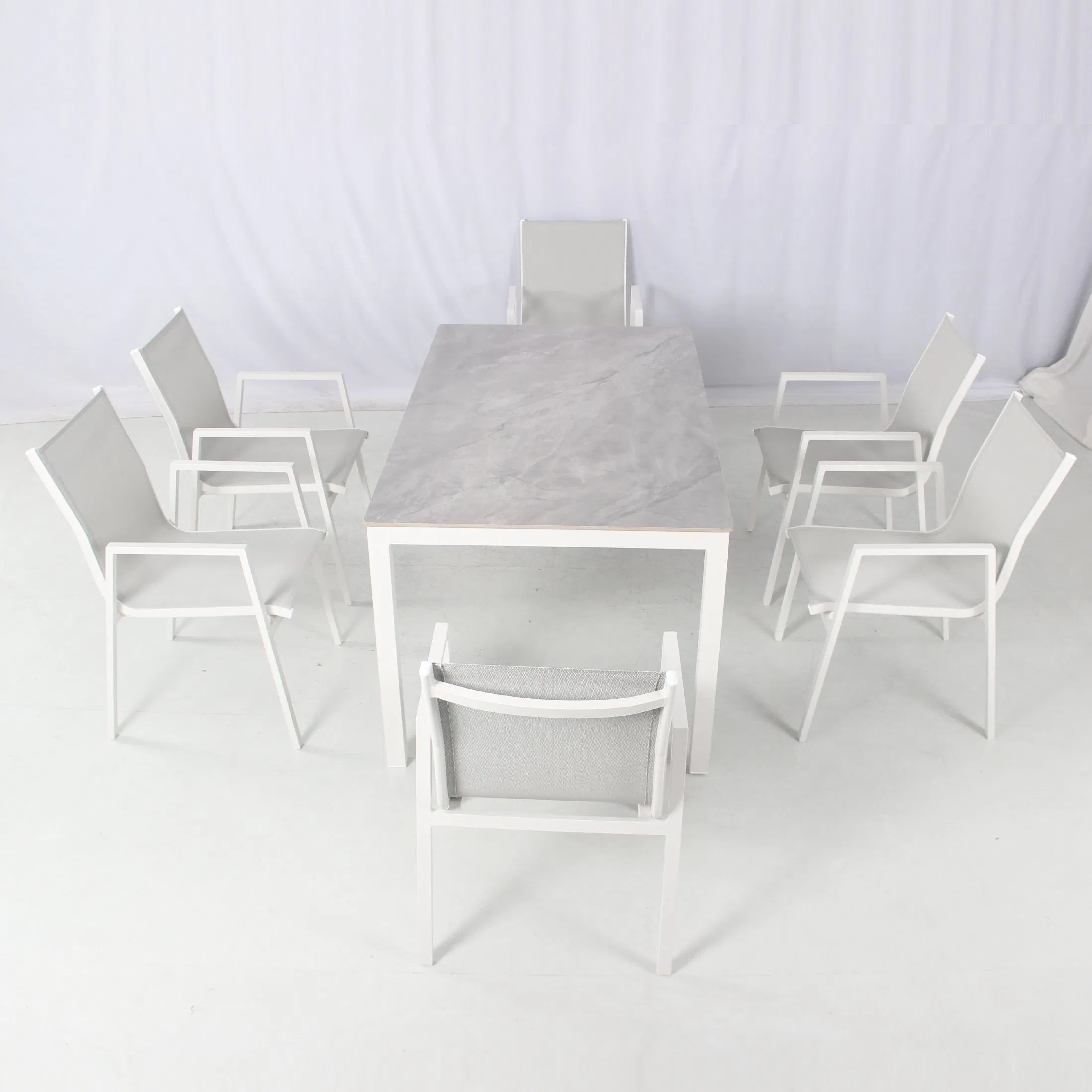 Commercial 6 Seater White Garden Terrace Aluminum Dining Table Mesh Fabric Dining Chair Furniture Set