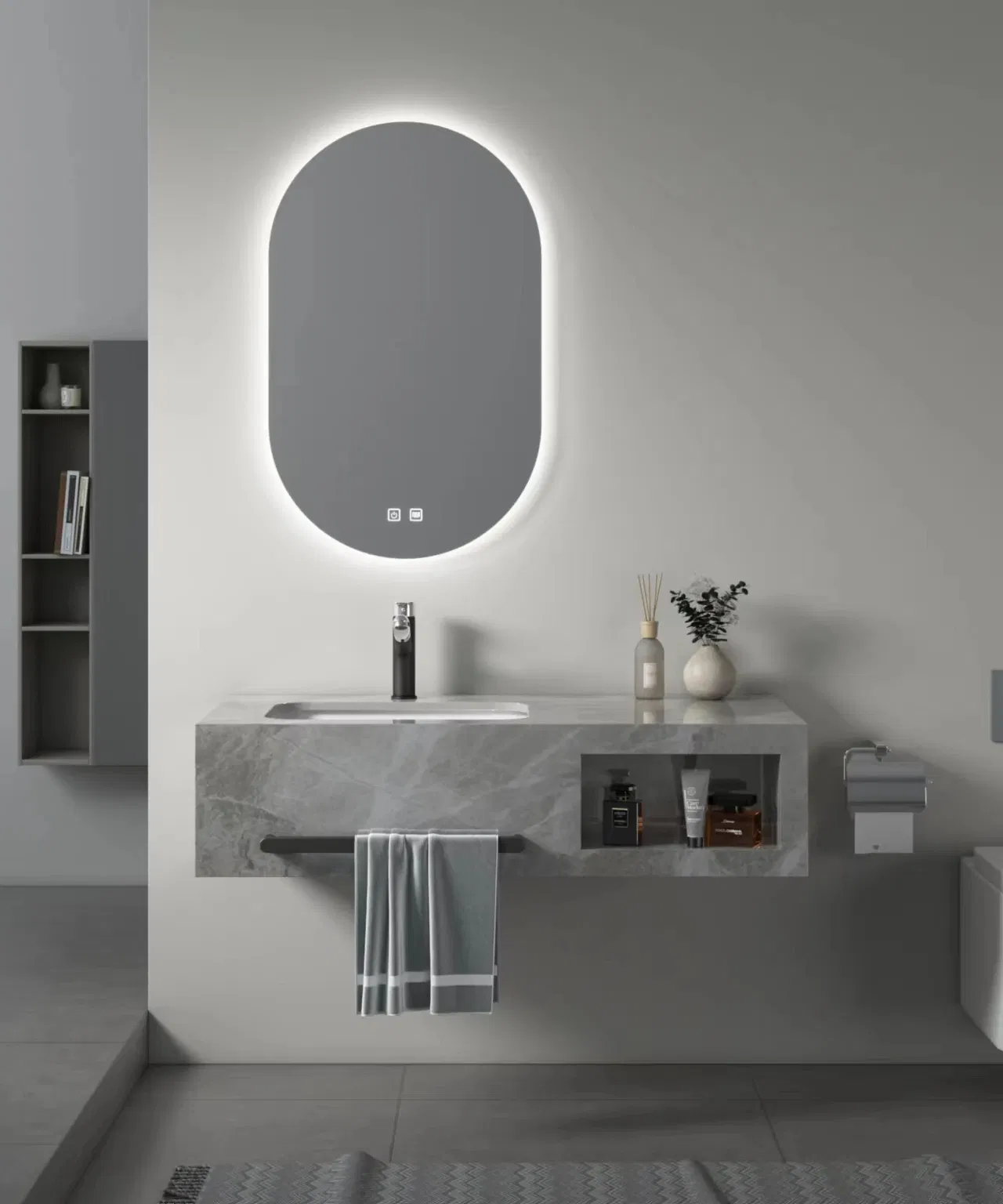 Modern Fluted Wall Mounted Sintered Stone Frame Wash Basin Bathroom Vanity Unit High End Sink Bathroom Cabinet Furniture with Oval Smart Mirror
