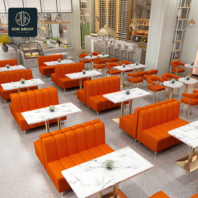 Wholesales Commercial Square Round Sintered Stone Curved Coffee Shop Table and Chair Sets Leather Cafe Booth Seating Restaurant Furniture for Restaurants