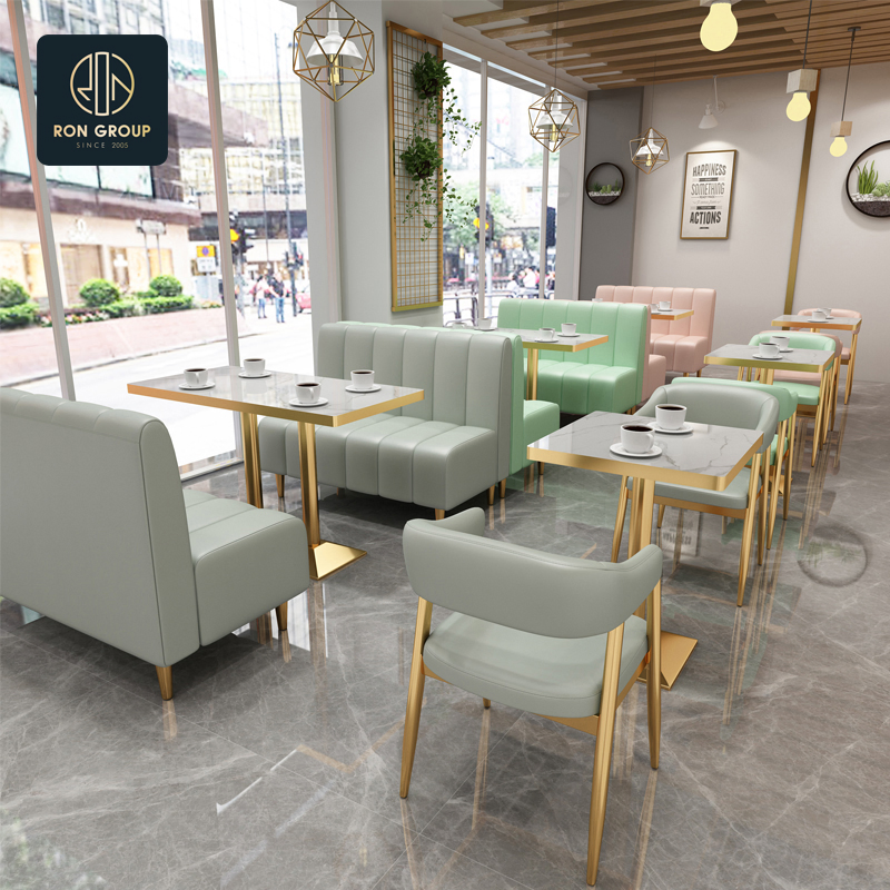 High-End Commercial Light Green Cafe Booth Bench Seating Hotel Coffee Shop Square Marble Metal Table and Chair Set Modern Restaurant Furniture for Restaurant