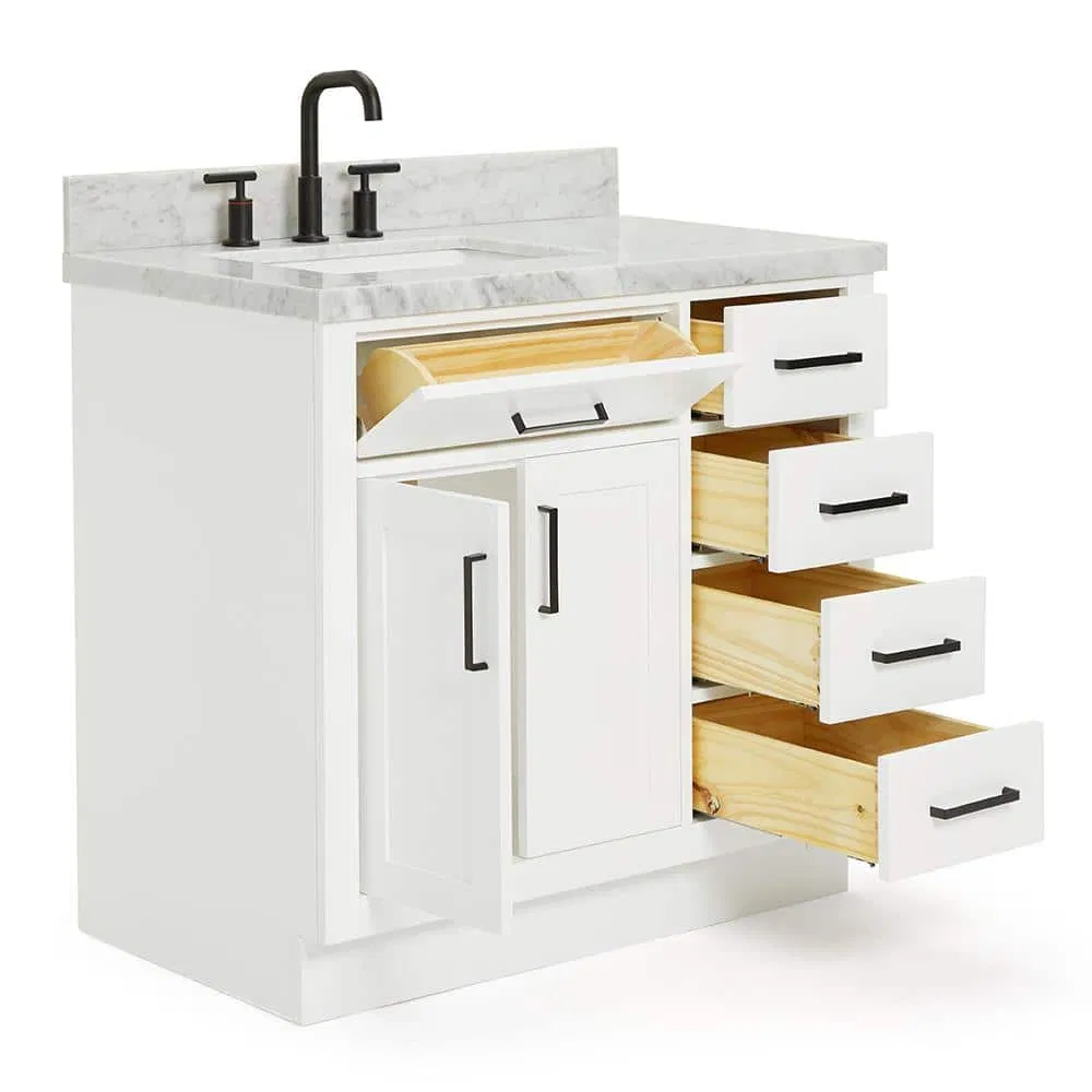 Bathroom Vanity Unit Furniture in White with Sintered Stone Marble Vanity Top in White with White Basin Chest of Drawers Storage Cabinet